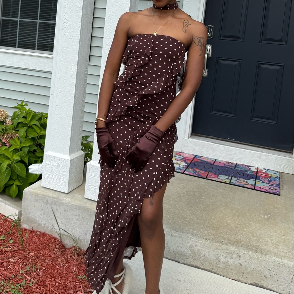 Sincerely Jules Brown Strapless Polka Dot Dress